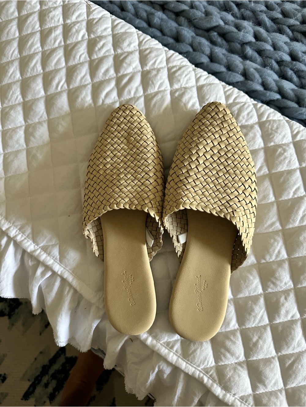 Pointed Woven Slide Mules in Light Beige